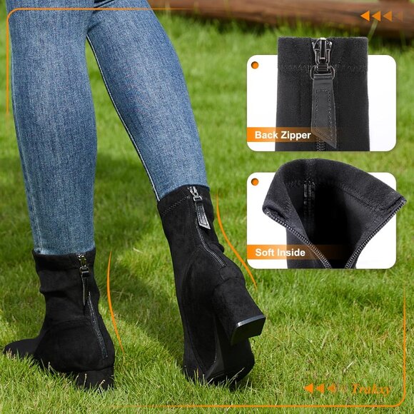 Women's Square Toe Ankle Chestnut Boot Faux Suede Low Black Heel Chelsea Shoes - Picture 4 of 7